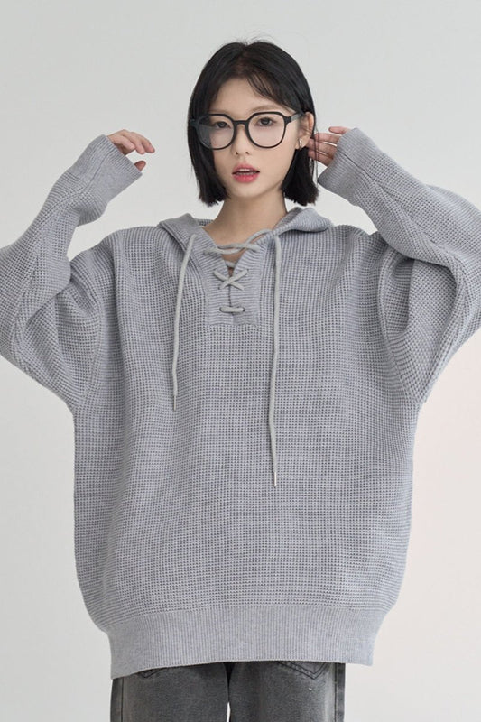 Solid Color Loose Knit Hooded Tops