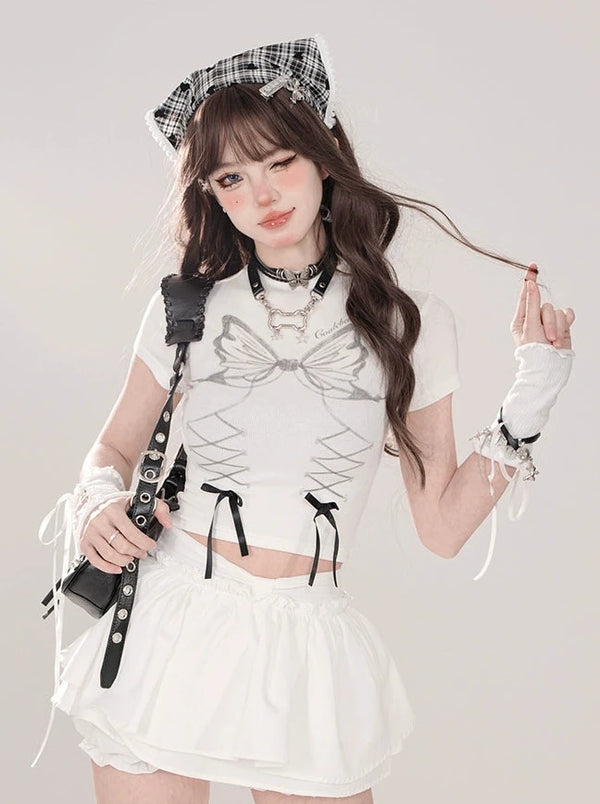 リボンデザインスリムショートTシャツ【予約商品】