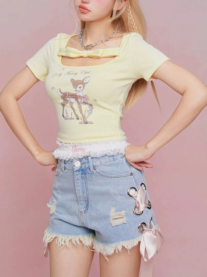 GrilyFancyClub 사슴 프린트 옐로우 U넥 보우 여름 신상 어깨 반팔 티셔츠 탑 여성