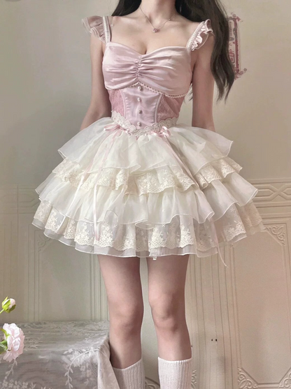 핑크 앤틱 발레 스타일 로리타 드레스 JSK 드레스 꽃 무늬 웨딩 로리타 화려한 푹신한 공주님 드레스