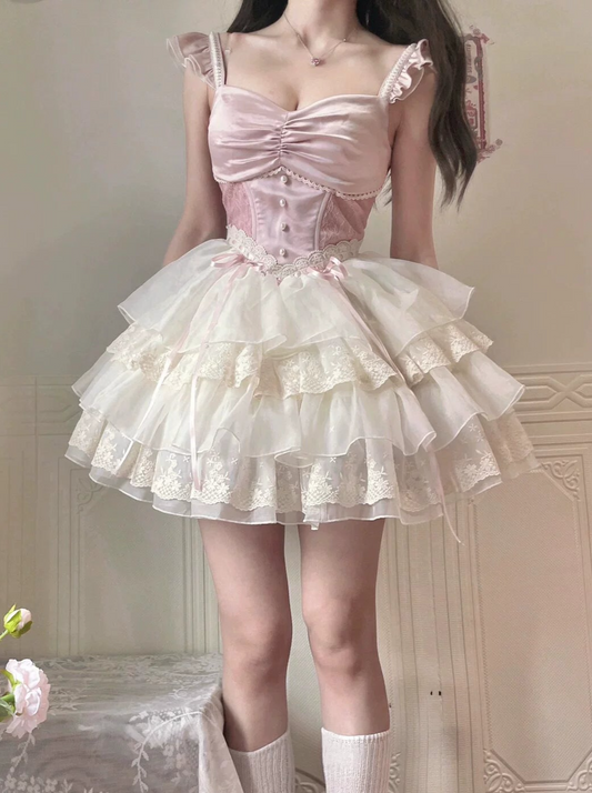 Pink antique ballet style lolita dress JSK dress floral wedding lolita gorgeous puffy princess dress