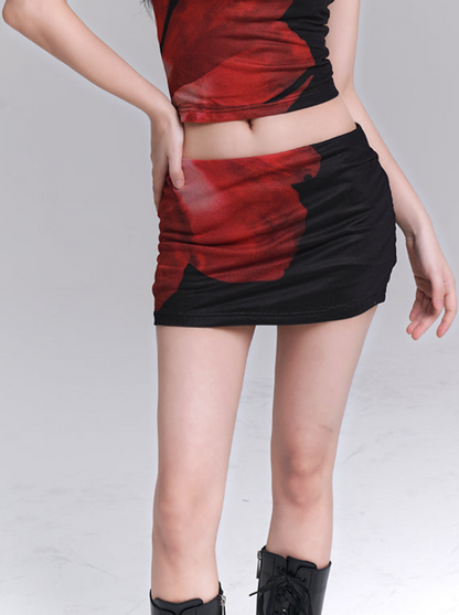 Mode Red Flower Tight Top + Tight Skirt