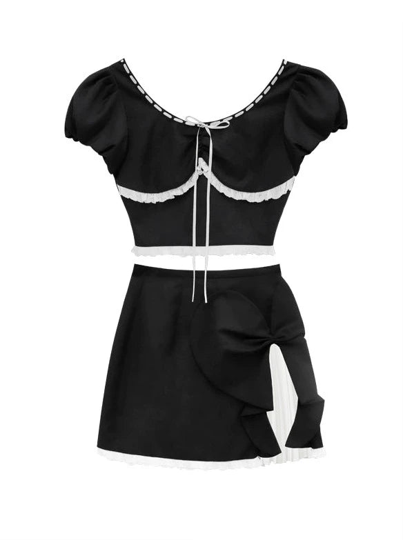 SagiDolls Girl's Fighting Spirit Black and White Lolita Design Sense Top Skirt Set Sweet and Cute Versatile Summer