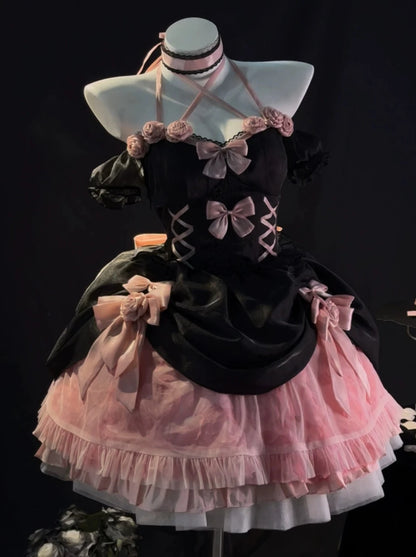 Robe de lolita rose noire robe de mariée fleurie Lolita douce et épicée en forme d'arête de poisson robe de princesse duveteuse en cavale