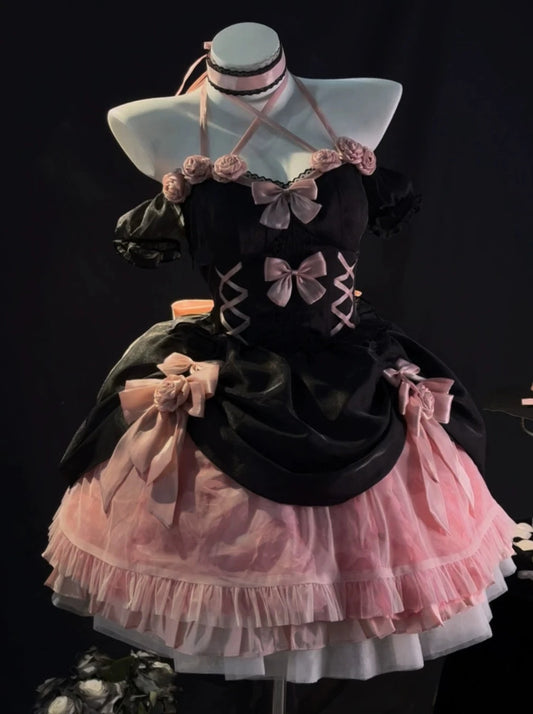Black pink rose lolita dress flower wedding dress Lolita sweet spicy fishbone fluffy princess dress on the run