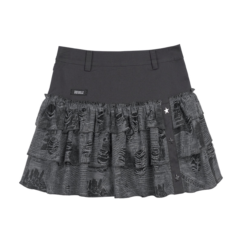 High Waist Black Newspaper Print Skirt