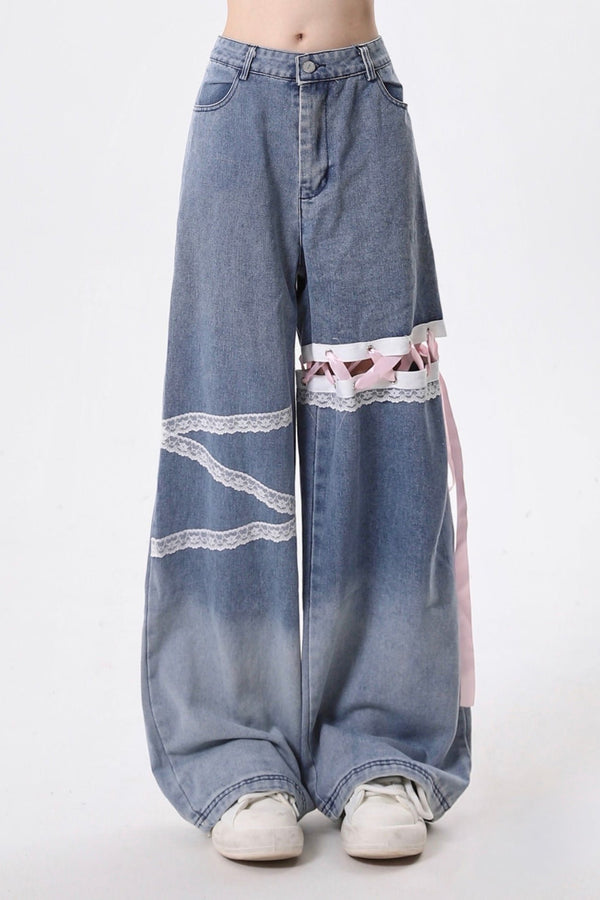Cut-Out Lace Design Loose Jeans