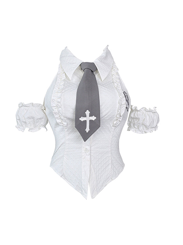 Cross-tie off-the-shoulder shirt + ruffled skirt