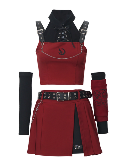 Joint Model Dark Red Top + Slit Skirt + Leg Warmers