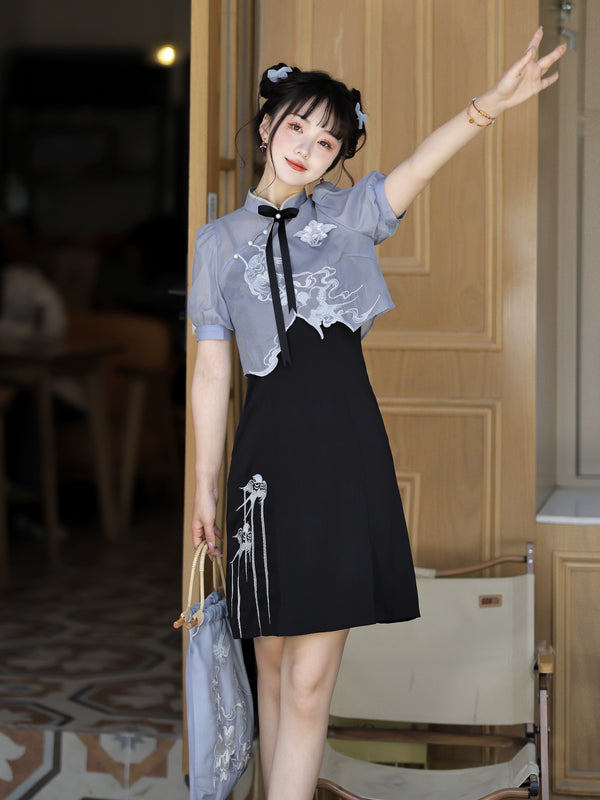 Sheer short china shirt + suspender dress [short and long] + bag