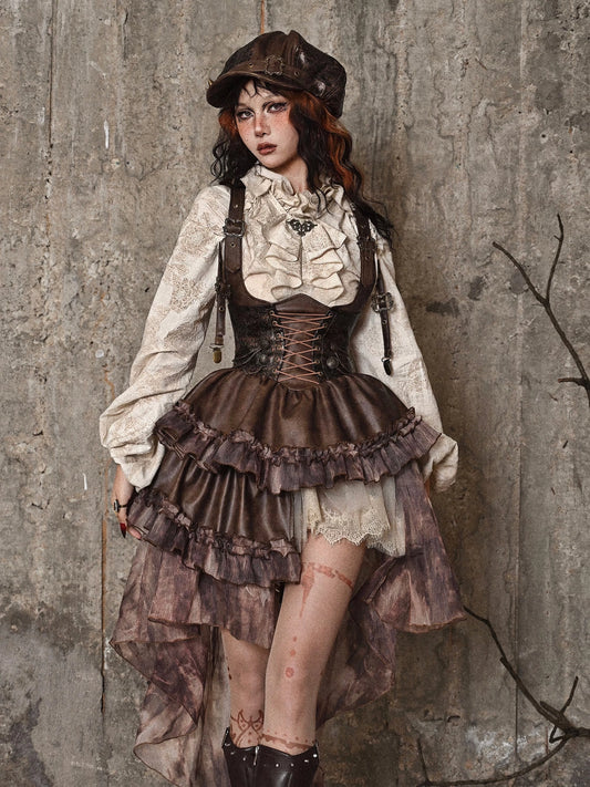 Blood Supply Original ◆ Exile Trip Steampunk Asymmetrical PU Maillard Chest Brest Strappy Trailing Skirt