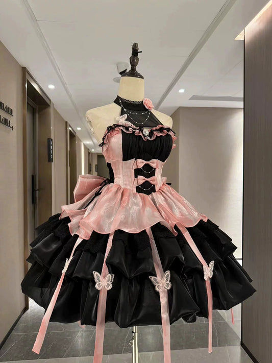 Black pink lolita princess style special pure desire style halterneck suspender skirt trail tutu lolita