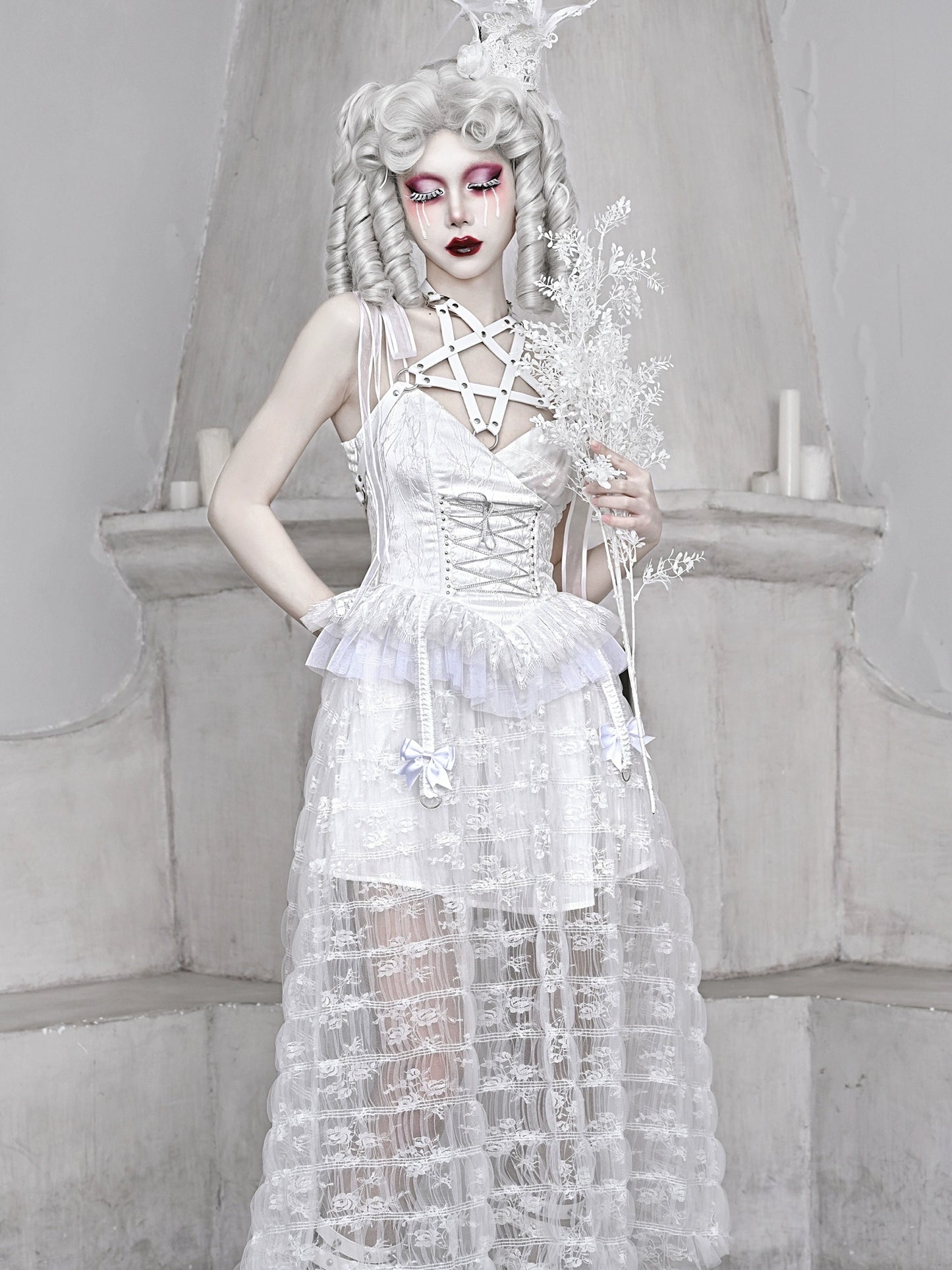 Sleeping Alice White Gothic Dark Pentagram Mesh Lace Suspender Dress [Reserved