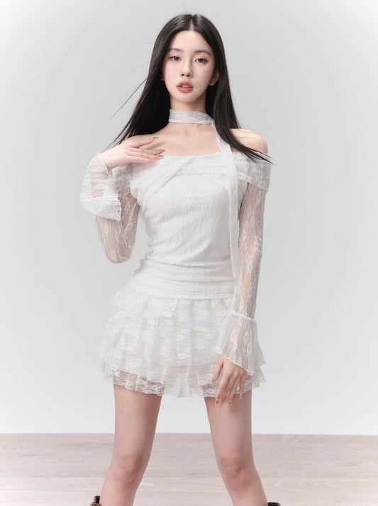 Fragileheart Fragile Shop Moonlight Lovers White Lace Knit One-Shoulder Top Set