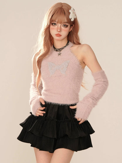 Gumm pink -off shoulder shagie knit tops + knit sleeve [Reserved items]