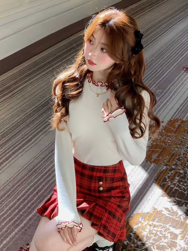 Stitch Frill Design High -End Bet Knit Slim Tops