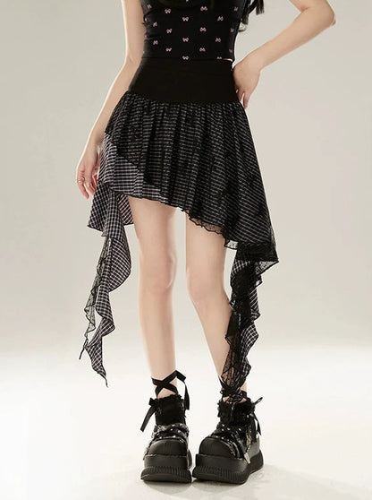 Lace Mesh Check Ruffle Irregular Skirt