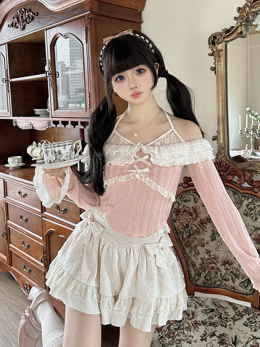 Spring and Summer New] Royal Tea House First Love Milk Candy Lace Sweet Spice Girl Princess Pure Desire Cake Skirt Set