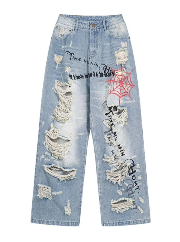 Limited time 9% off 11SH97 American high street jeans female summer hottie slim ripped loose washed wide-leg pants