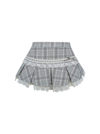 Purple Top And Grey Check Skirt Set