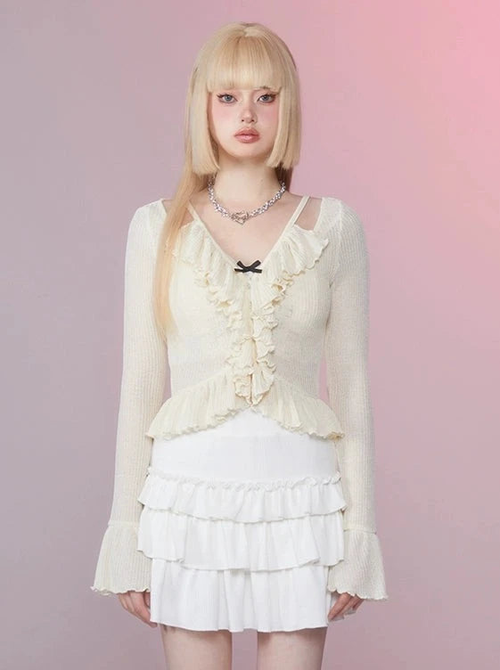 フリルオープンネックカーディガントップス
