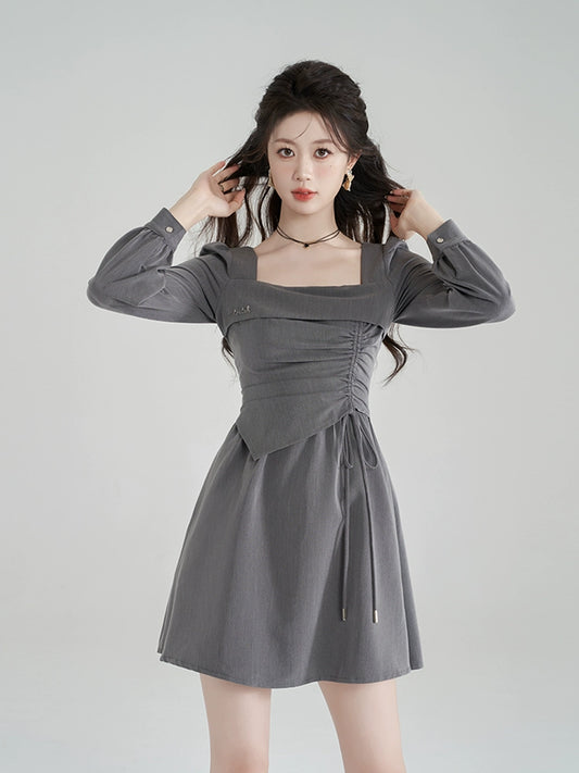 Grey Square Neck French Dress Women's Long Sleeve Spring 2024 New Pleated Drawstring Design Sense A-Line Skirt