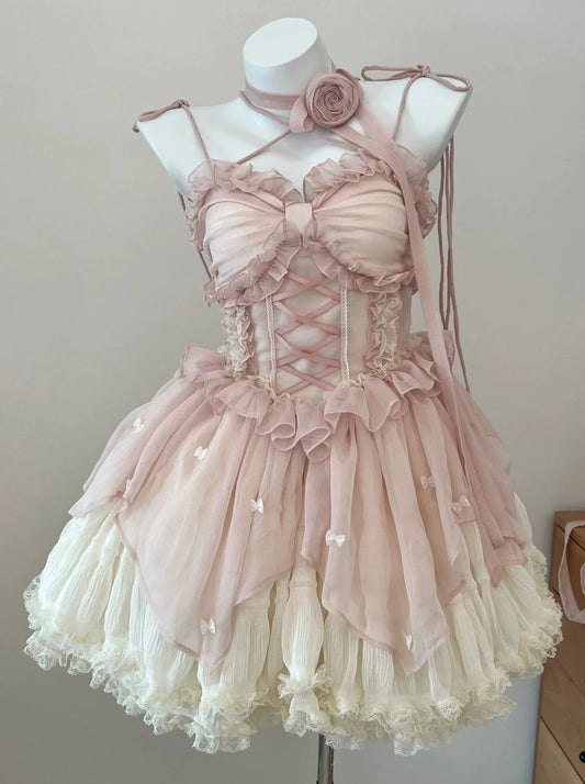 핑크 부드러운 발레 스타일 로리타 드레스 JSK 드레스 플라워 웨딩 로리타 런닝 푹신한 공주 드레스