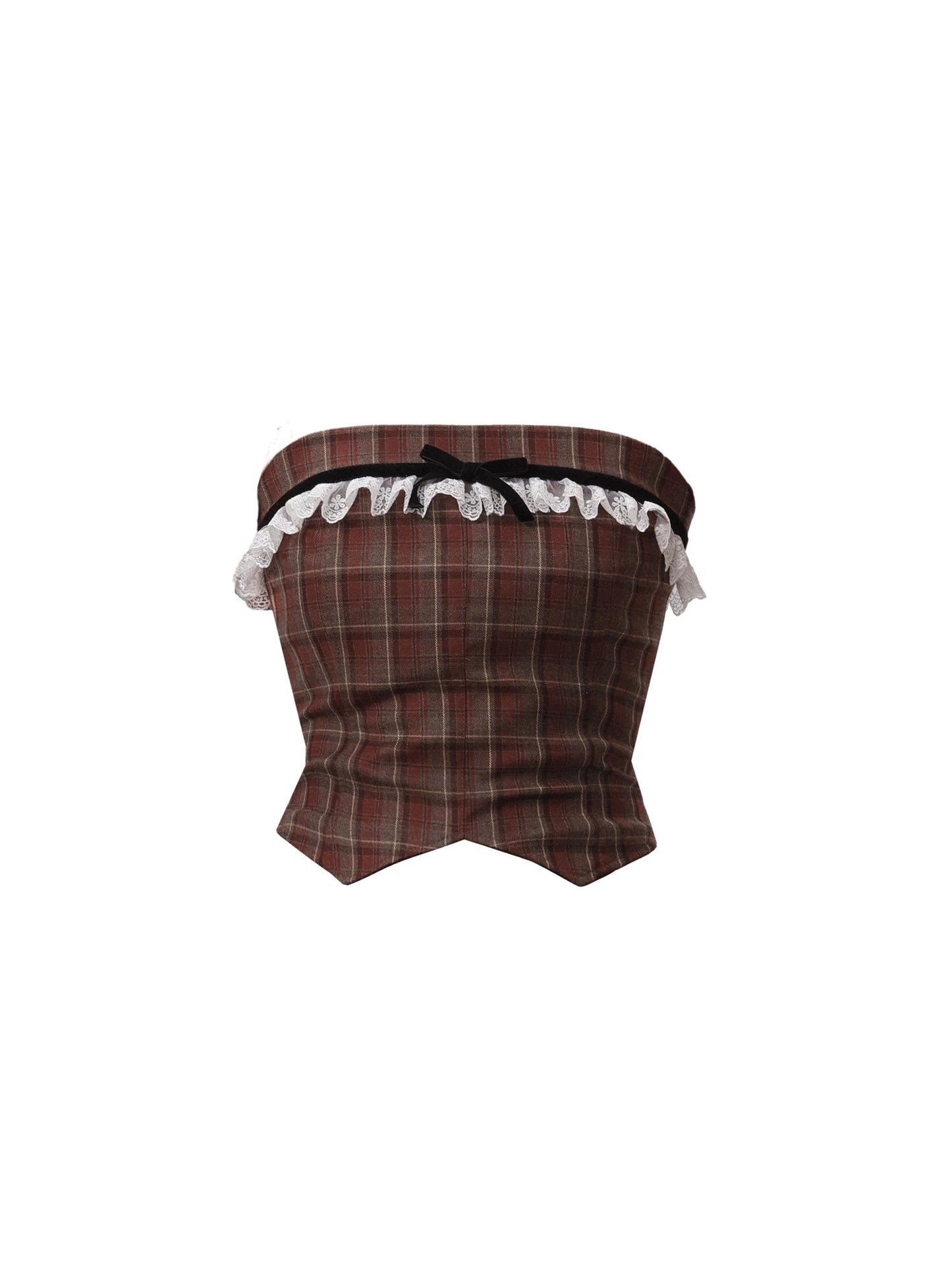 Spot] Fragible Shop, Latte Cocoa, American Retro Plaid Bandeau College Style Two-Piece Set