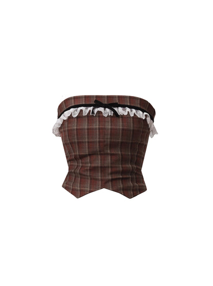 Spot] Fragible Shop, Latte Cocoa, American Retro Plaid Bandeau College Style Two-Piece Set