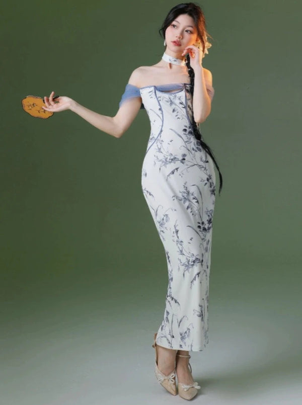 Light Knit Printed Cheongsam Dress