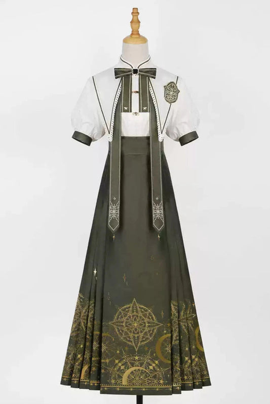 Magic Time and Space China Pointed Collar Ribbon Shirt + Long Skirt