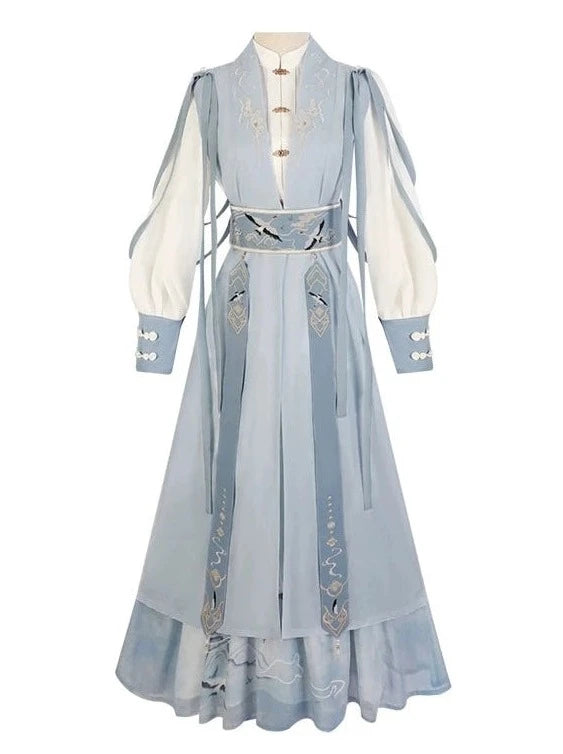 Light Blue China Skirt + Tassel Long Vest + China Blouse + China Design Belt