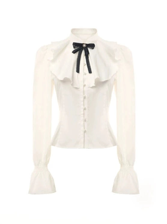 Elegant Frilled Ribbon Shirt + High Waist Flared Skirt