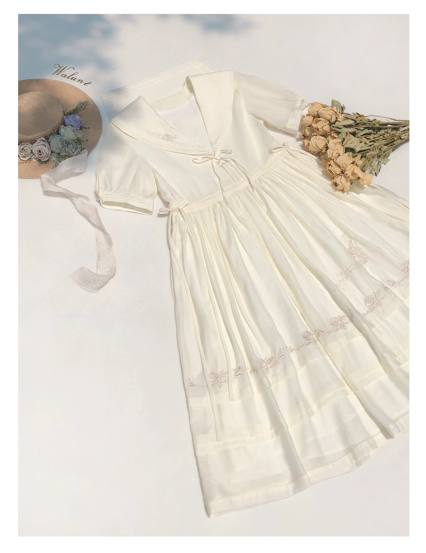 Fairy Embroidery Sailor Collar Dress + Natural Color Rose Tulle Over Skirt + Belt