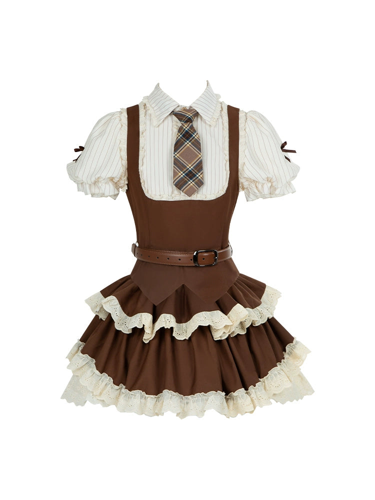 Retro Shirt + Frill Skirt + Belt + Tie