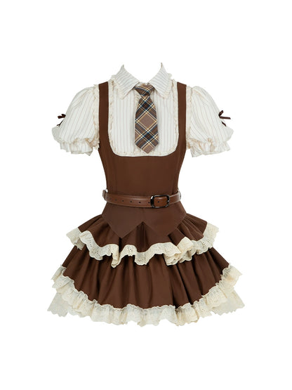 Retro Shirt + Frill Skirt + Belt + Tie