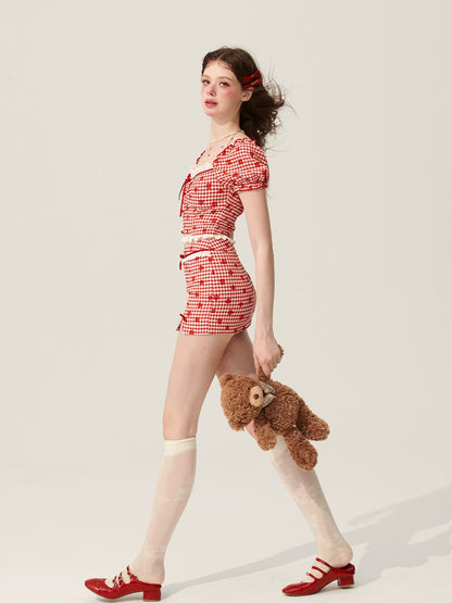 [5月31日20点发售】少睛梦莓芝士红格子套装女装夏日设计感