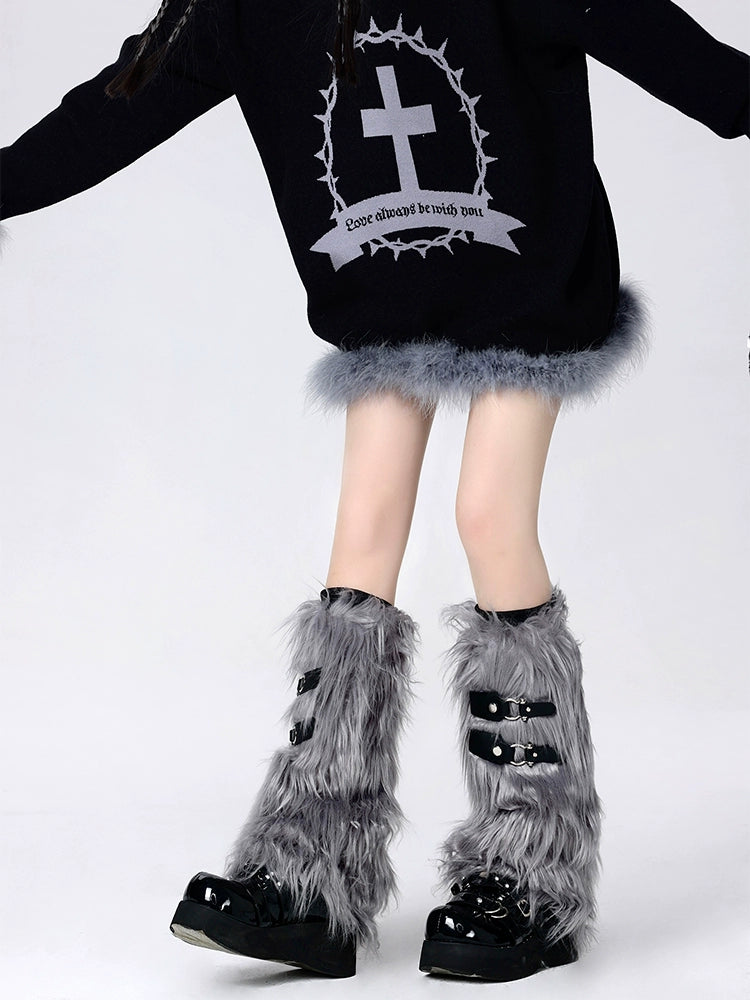 Leather Belt Volume Fur Leg Warmers