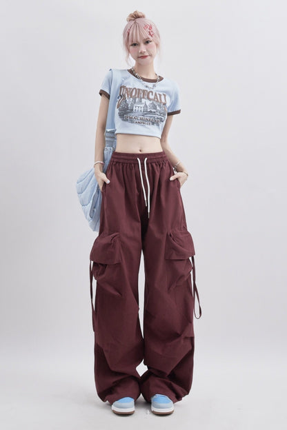 Red Retro Cargo Straight Leg Trousers