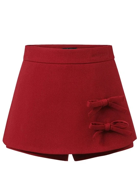 Double Ribbon French Red Skirt Pants