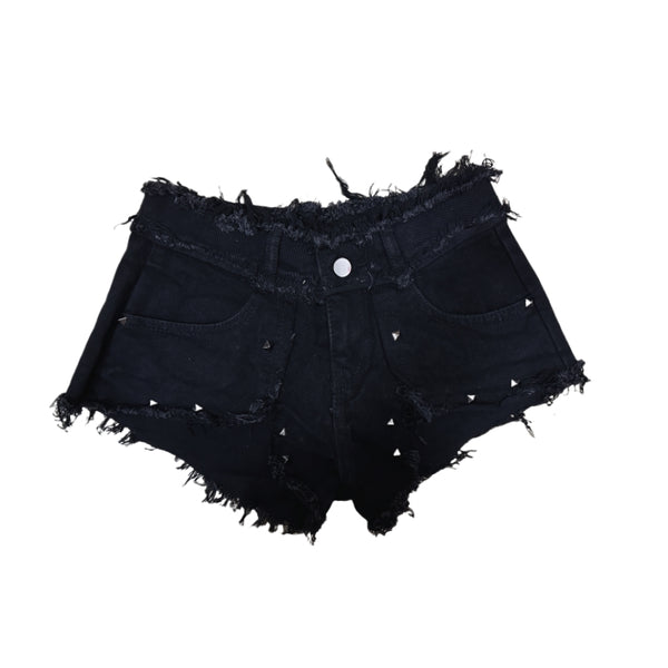 Black Low Waist Denim Tassel Shorts