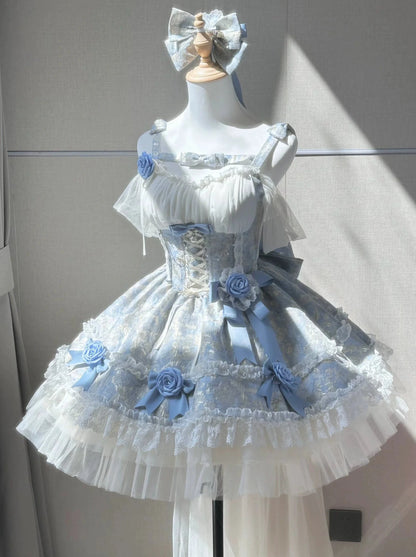 Blue Jacquard Flower Tulle Lolita Skirt + Tail