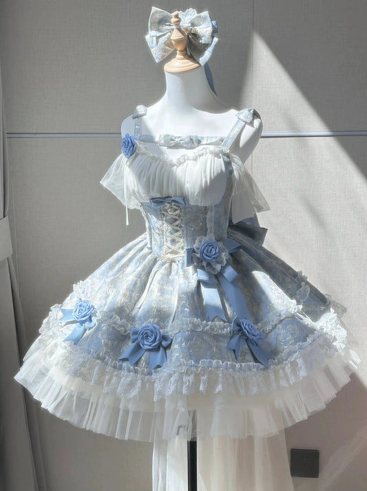 Blue jacquard spring girly lolita dress sweet girl fluffy tail birthday rite princess dress