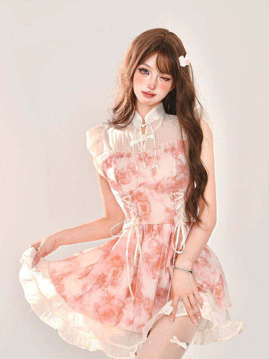 kellykitty girly new Chinese rose dress women's summer short waist slim princess dress