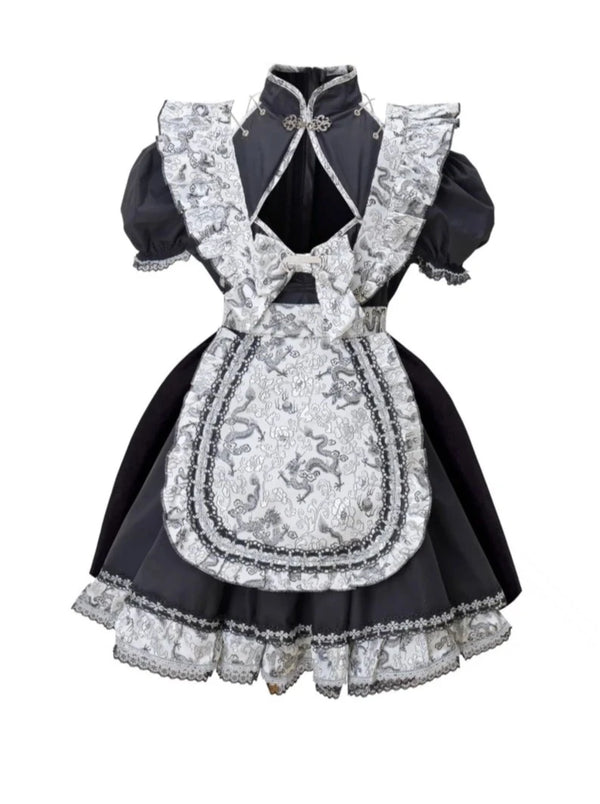 Silver Dragon Maid Gothic Dress + Apron + Arm Covers