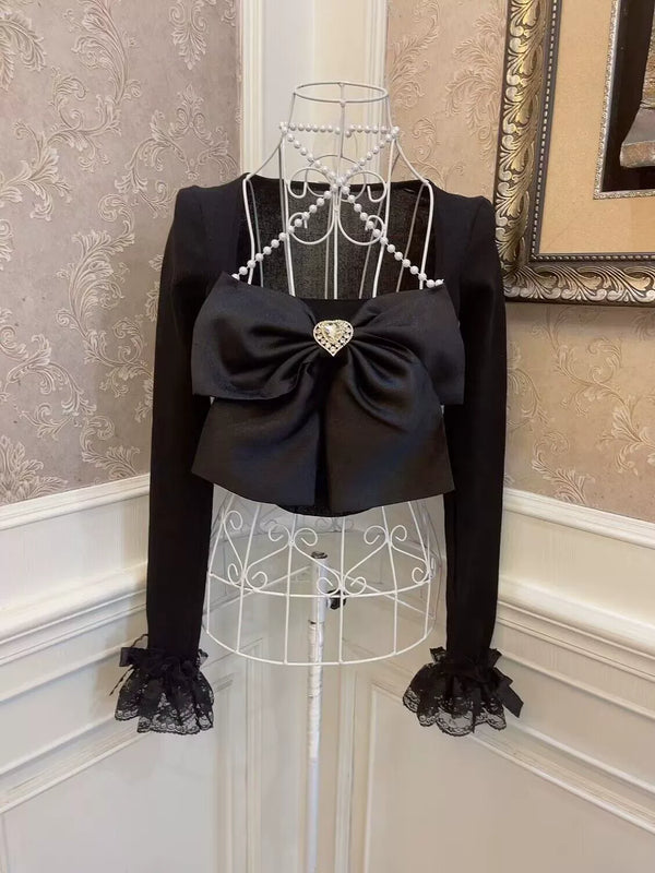 クロスネックビックリボンショートスイートトップス