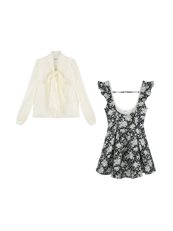 Long Ribbon Blouse + Flower Jacquard Suspender Skirt