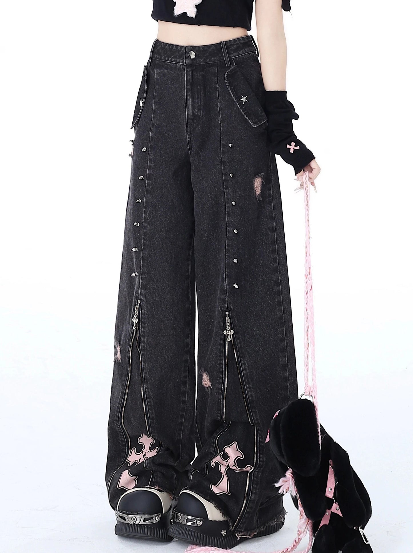 [2.10 limited time 95% off] original niche punk studded subculture sweet cool zipper high-waisted straight jeans