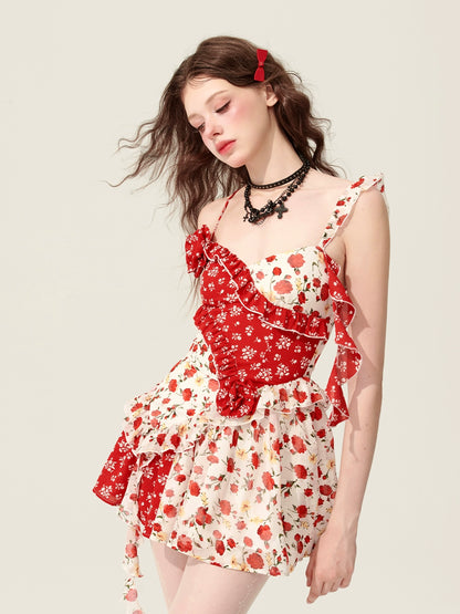 [5 月 31 日 20 点发售] 少眼玫瑰梦幻红色拼接碎花设计连衣裙夏装