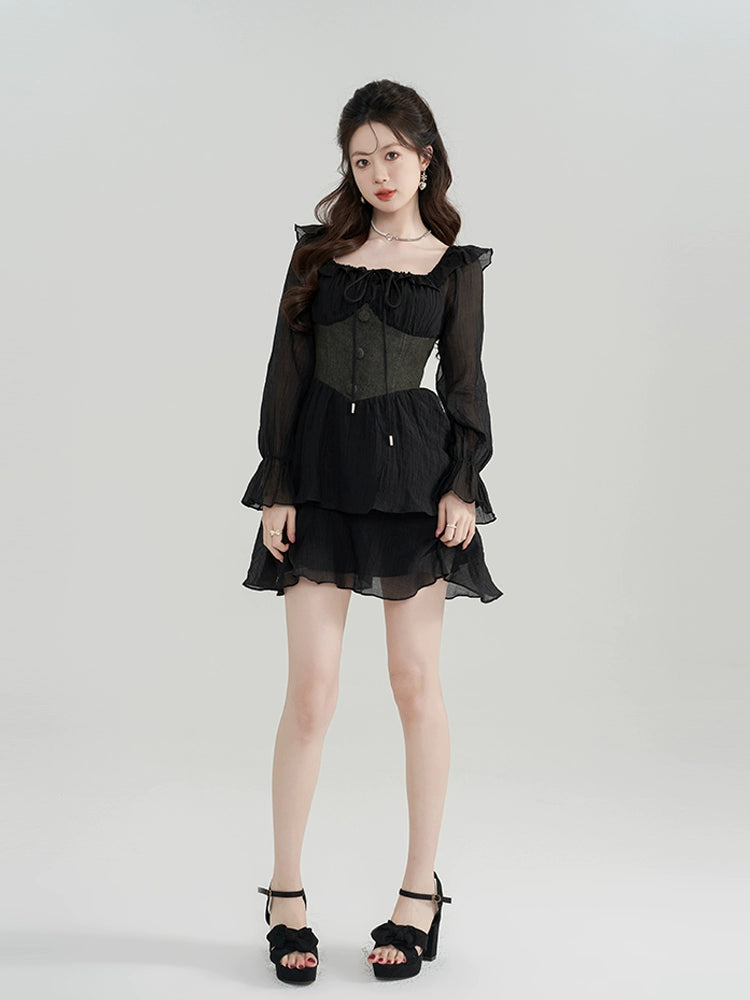 Ruffle Mesh Square Collar Black Dress